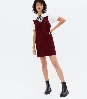 maroon cord pinafore dress