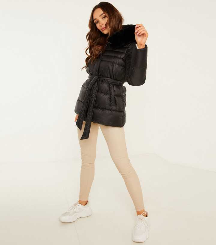 The Frolic Belted Collared Puffer Jacket in Black