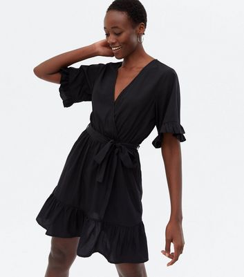 Tall Black Ruffle Tiered Mini Wrap Dress New Look