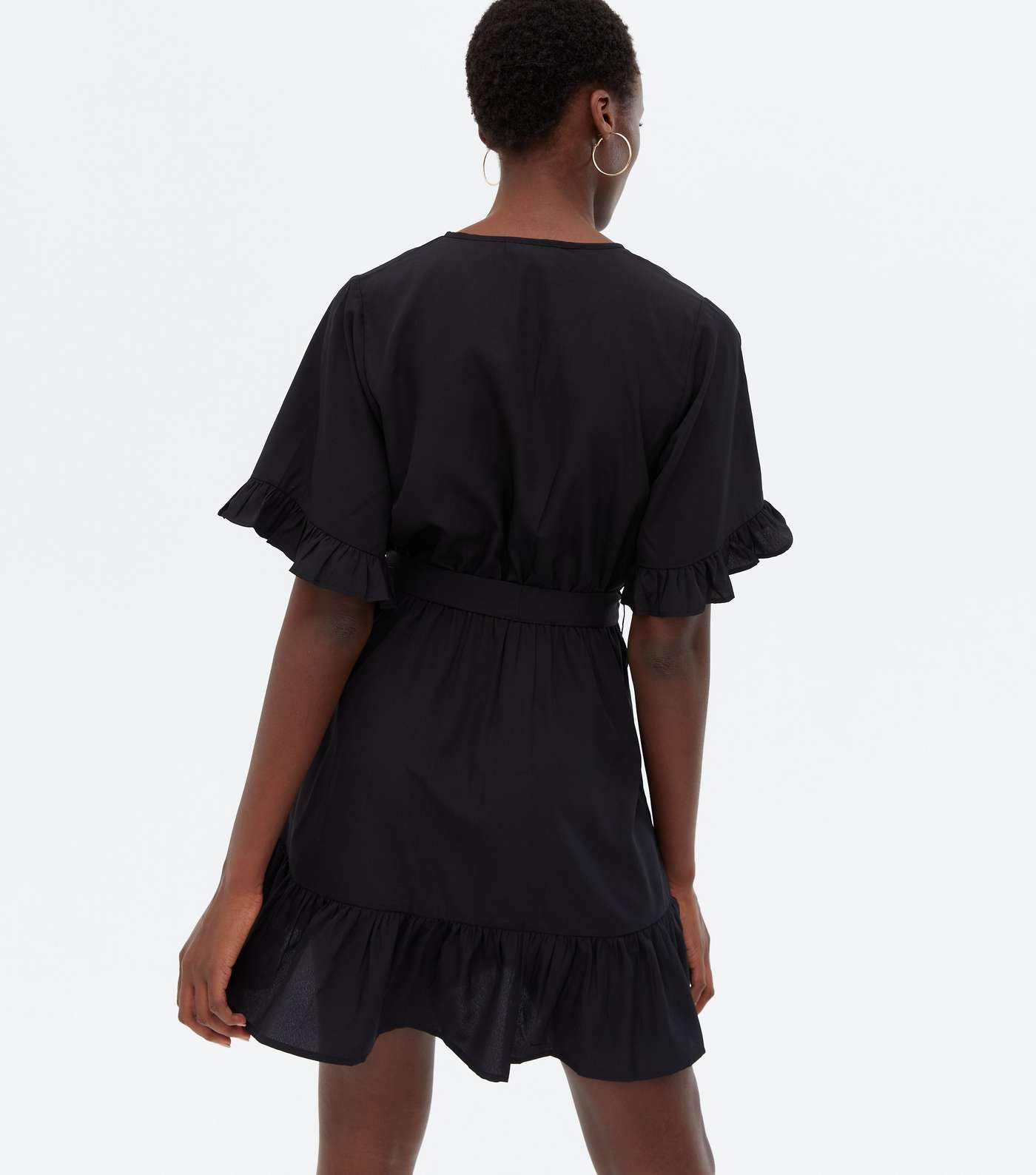 Tall Black Ruffle Tiered Mini Wrap Dress Image 4