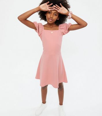 Girls Mid Pink Scuba Square Neck Skater Dress | New Look