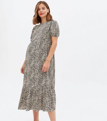 Maternity Brown Leopard Print Zip Nursing Midi Smock Dress New Look