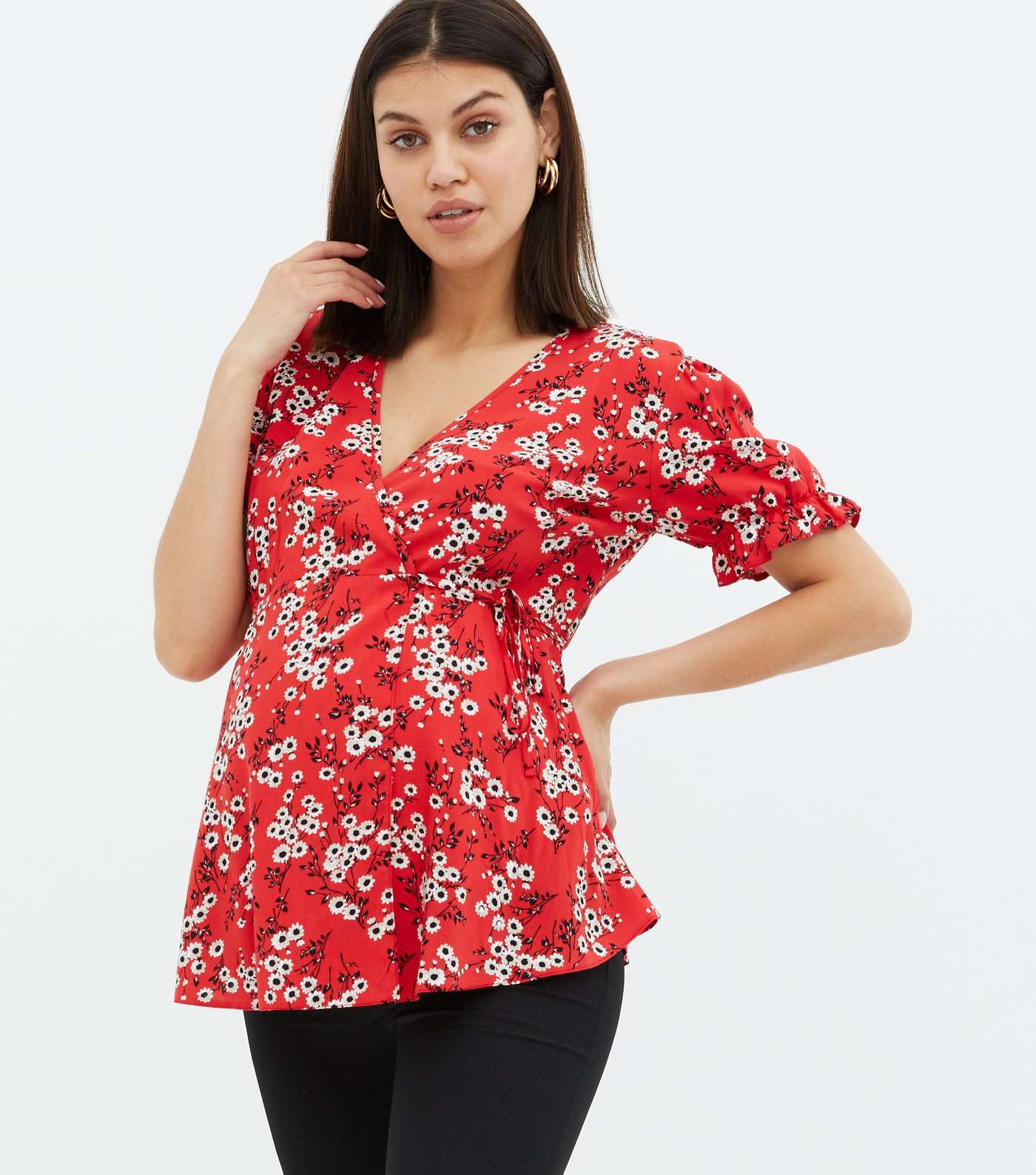 Maternity Red Floral Puff Sleeve Wrap Blouse