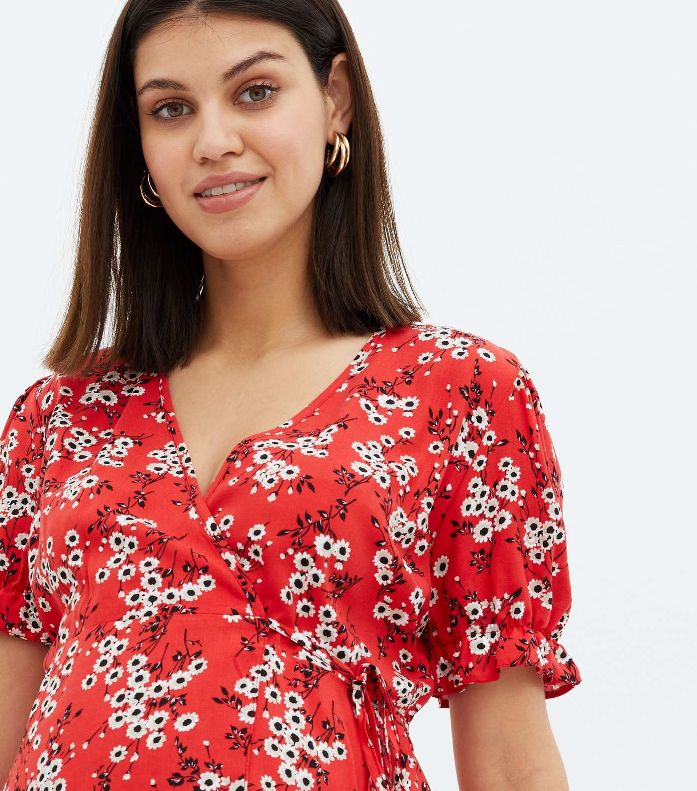 Maternity Red Floral Puff Sleeve Wrap Blouse Image 3