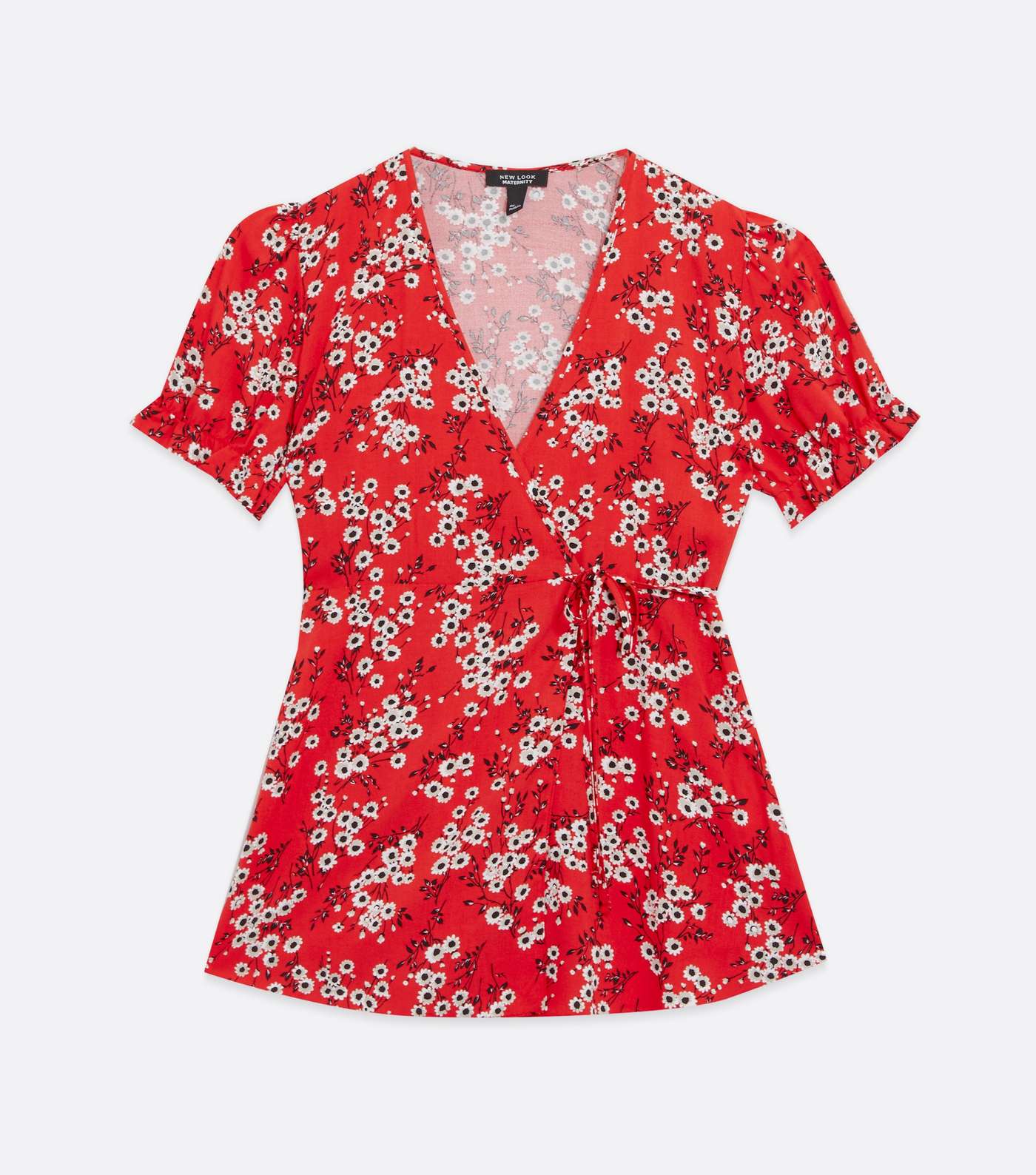 Maternity Red Floral Puff Sleeve Wrap Blouse Image 5