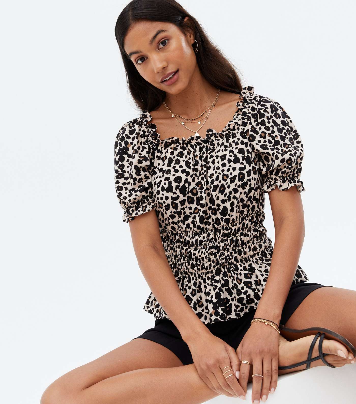 Brown Leopard Print Square Neck Shirred Waist Top