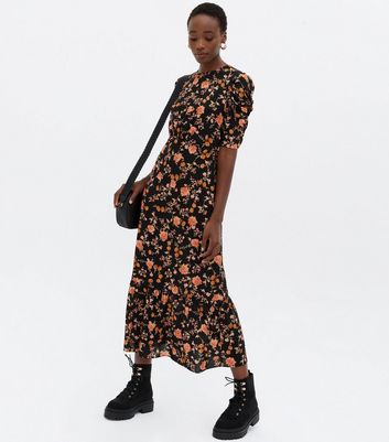 Tall Black Floral Ruched Sleeve Tie Back Midi Dress | New Look