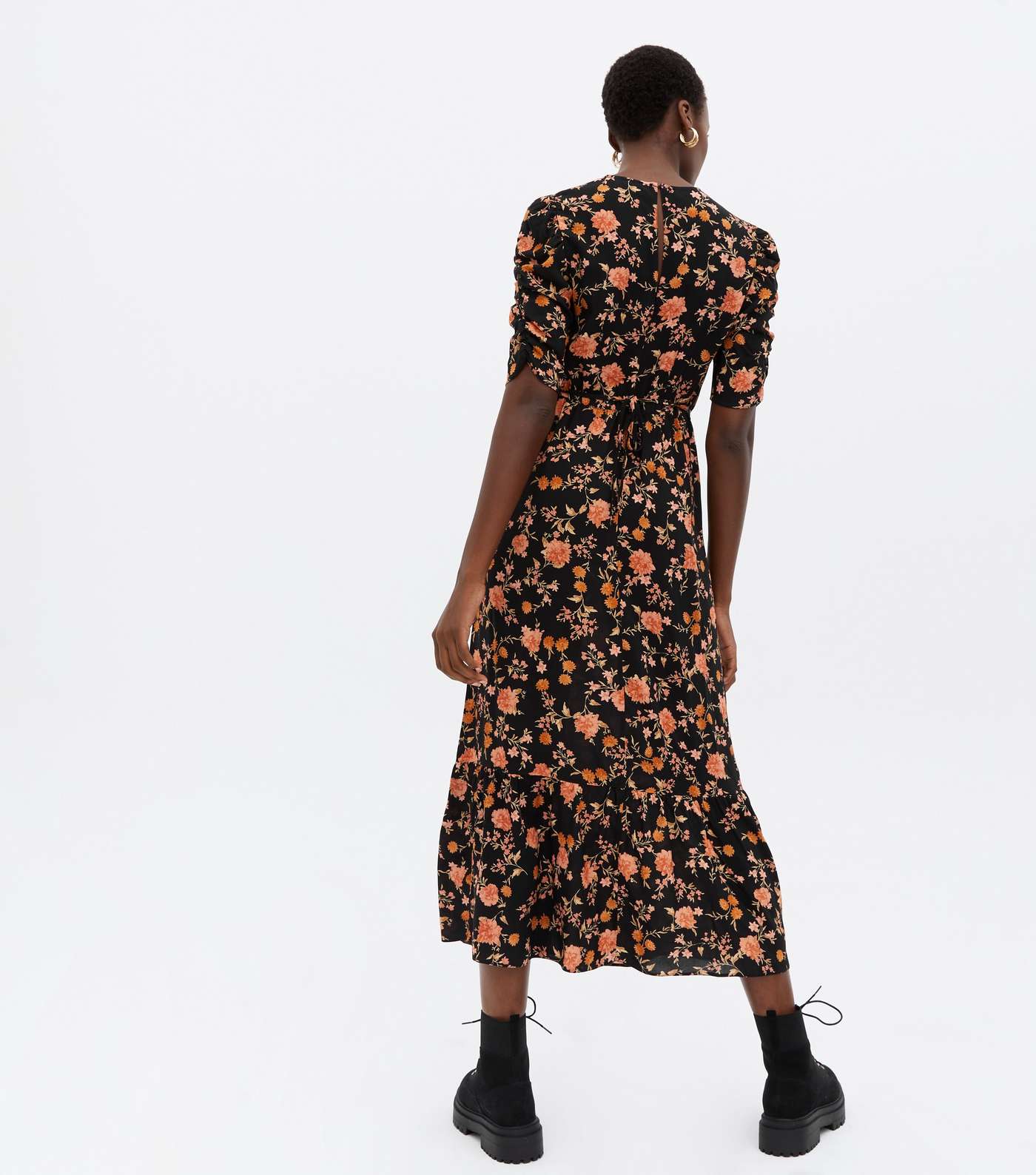 Tall Black Floral Ruched Sleeve Tie Back Midi Dress Image 4