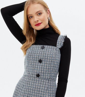 Black Check Boucl Frill Pinafore Dress New Look