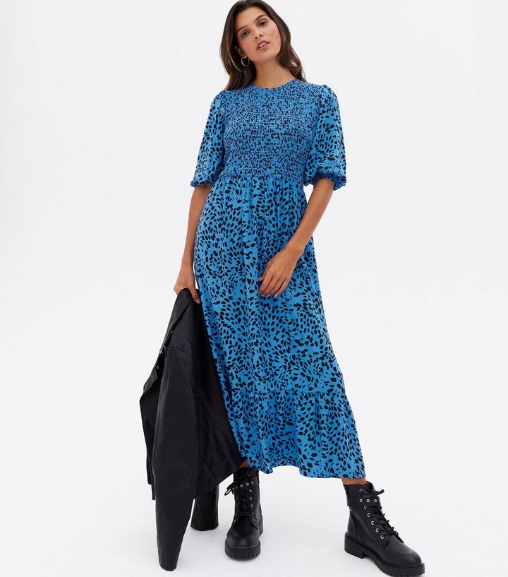 Blue Animal Print Shirred Tiered Midi Dress | New Look