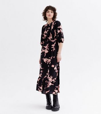 Black Floral Shirred Puff Sleeve Tiered 