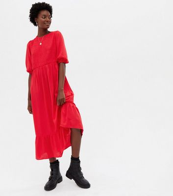 Red Shirred Tiered Puff Sleeve Midi 