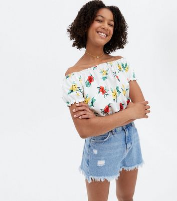 White Tropical Scuba Bardot Blouse 