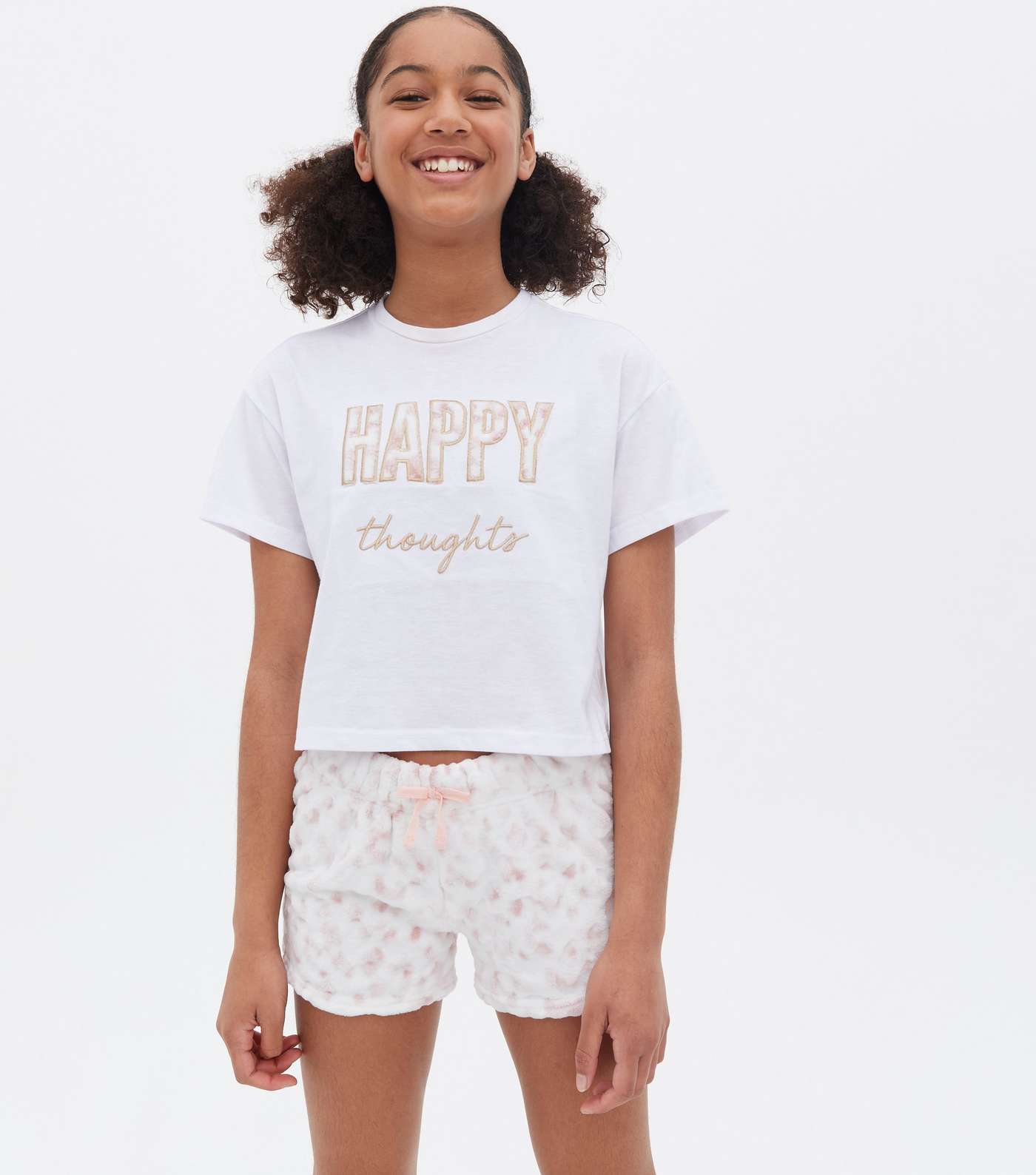 Girls White Leopard Print Short Pyjama Set with Happy Logo
