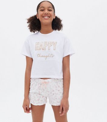 Girls White Leopard Print Short Pyjama Set with Happy Logo New Look