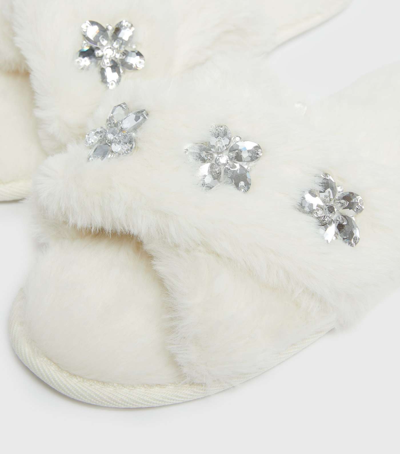 White Faux Fur Gem Flower Slider Slippers Image 4