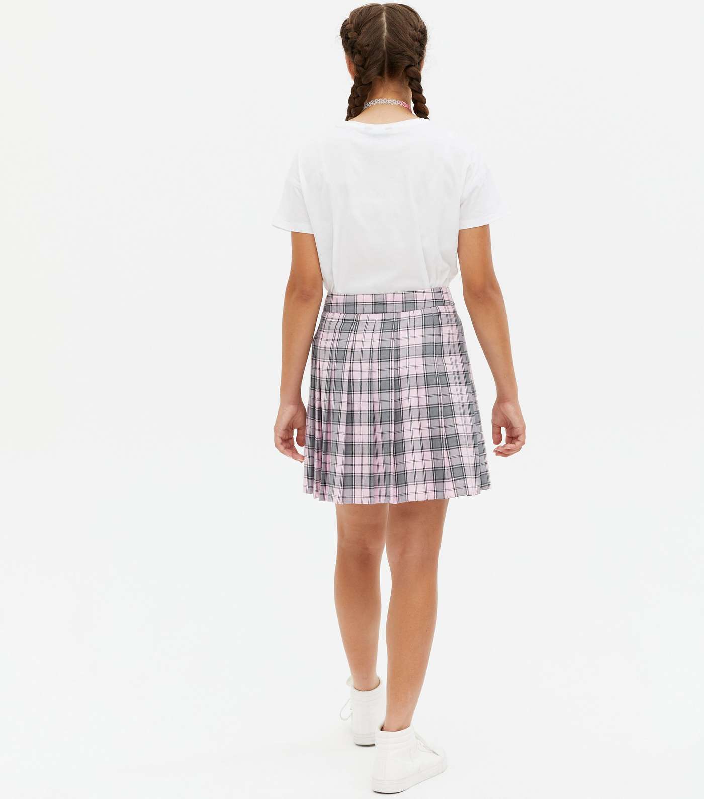 Girls Pale Pink Check Pleated Mini Tennis Skirt Image 4