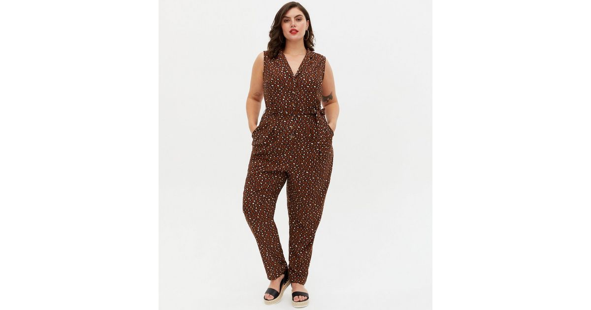 Yumi Curves Rust Animal Print Revere Collar Jumpsuit New Look