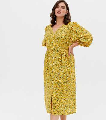 Yumi Curves Yellow Floral Button Midi Dress