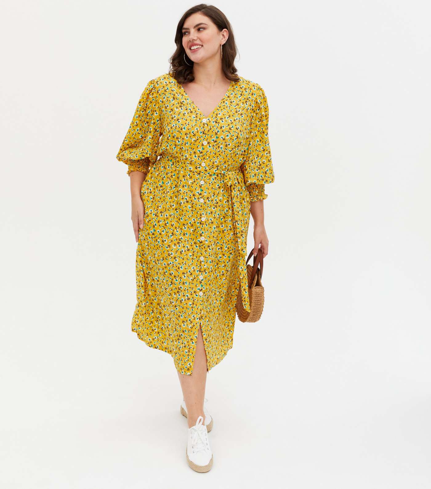 Yumi Curves Yellow Floral Button Midi Dress Image 2