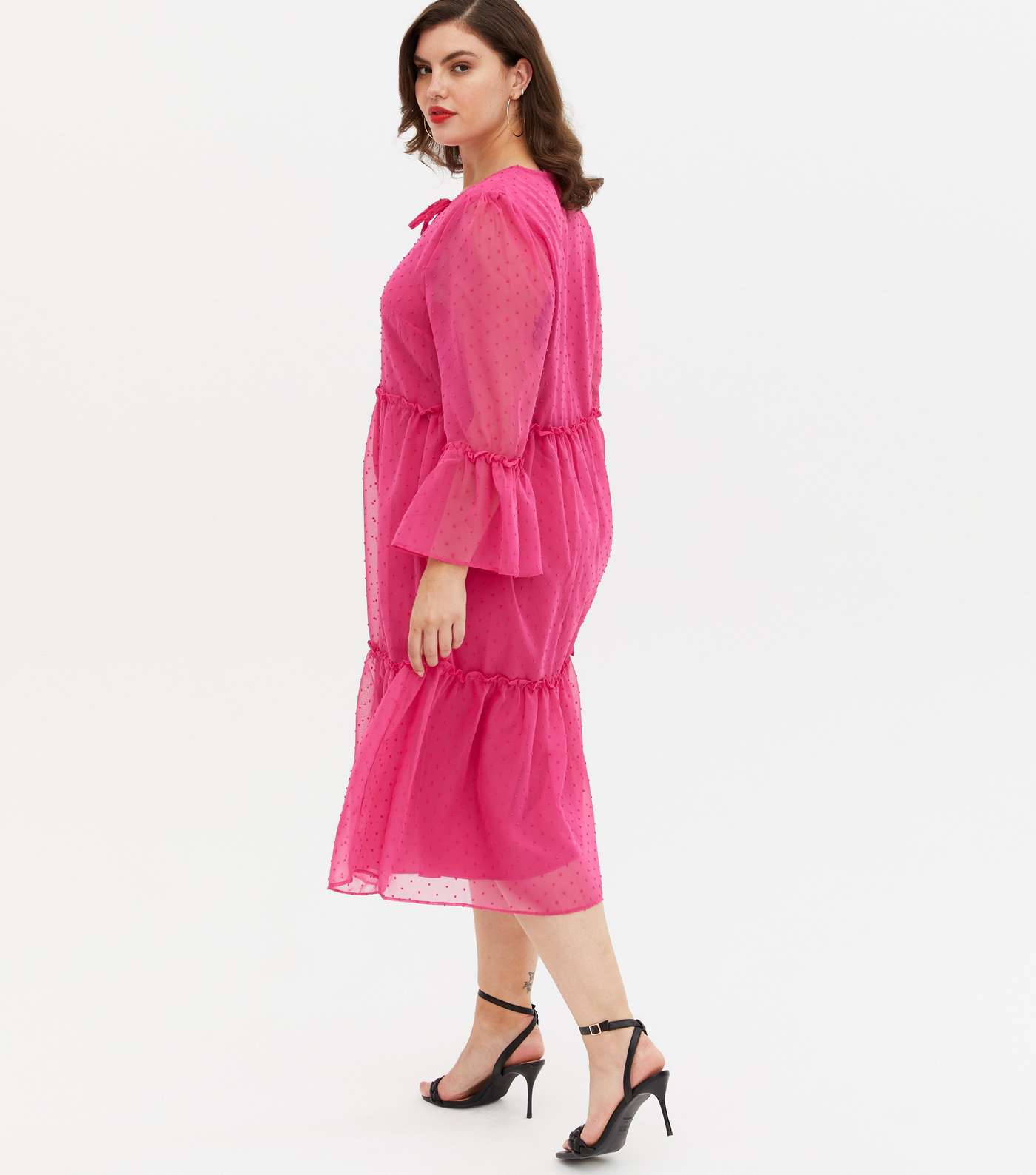Yumi Curves Pink Spot Mesh Tie Neck Midi Smock Dress Image 4