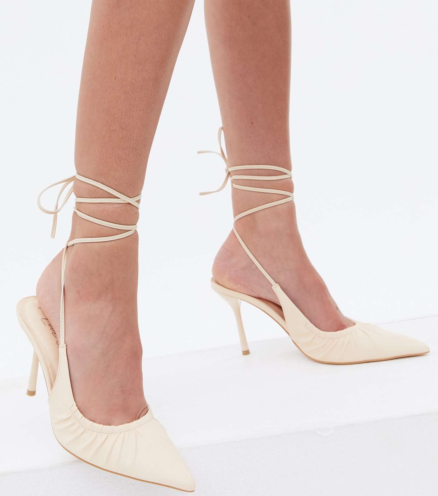 Off White Ruched Pointed Tie Stiletto Heel Court Shoes Image 2