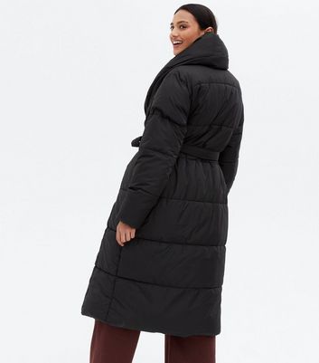 Black Padded Tie Waist Puffer Coat New Look