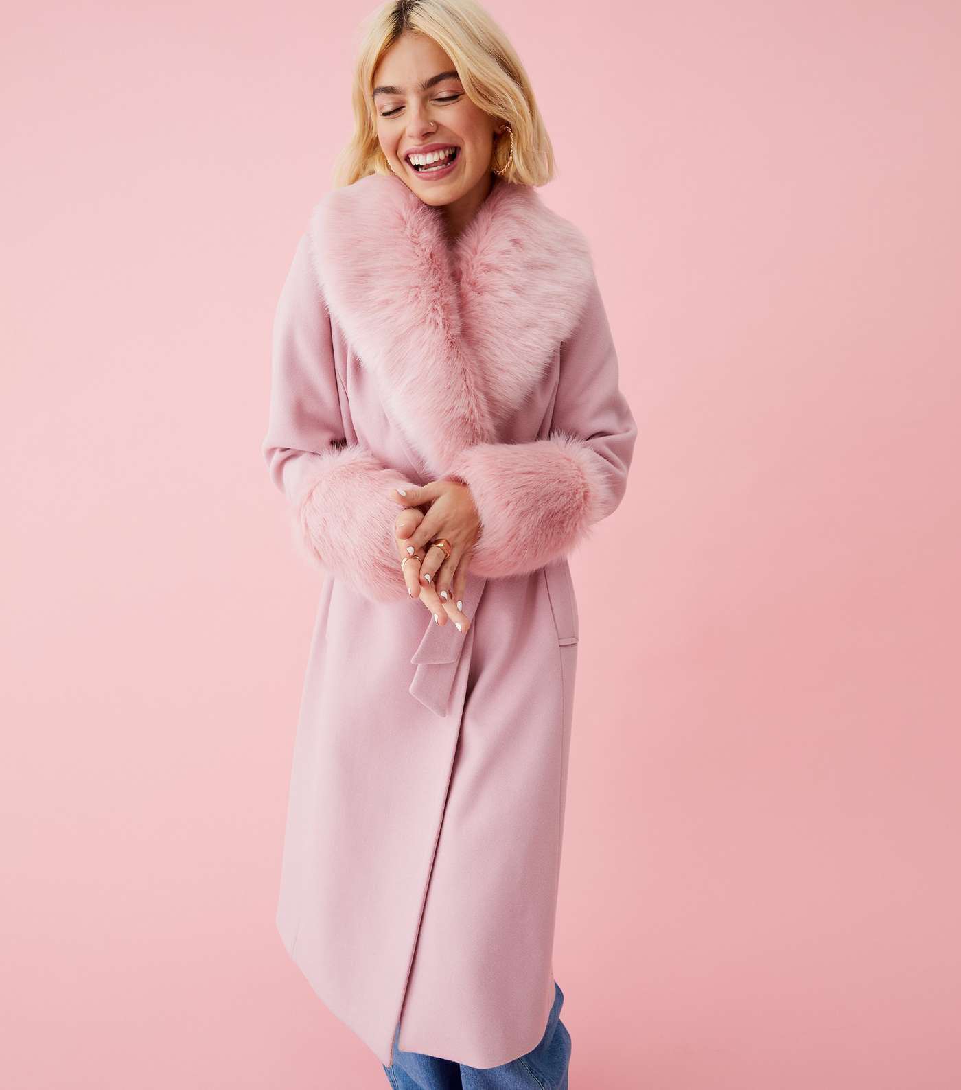 OMG Pale Pink Faux Fur Trim Coat Image 2