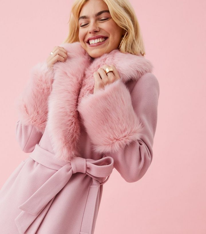 Pale Pink Faux Fur Trim Coat New Look, Faux Fur Trim Coat Pink