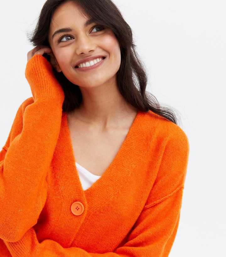 Bright Orange Knit Exposed Seam Button Cardigan | New Look