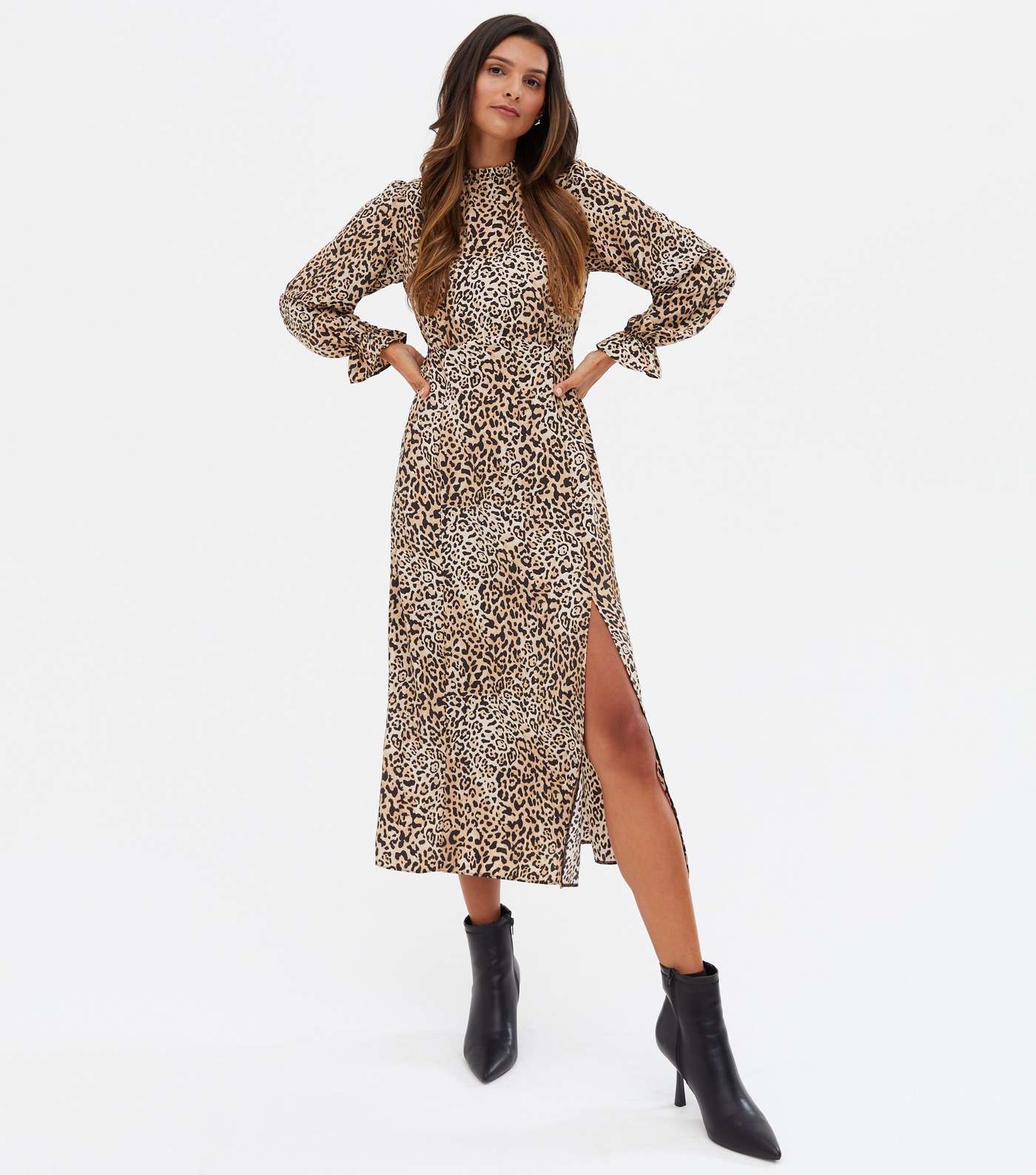 Brown Leopard Print High Neck Tie Back Midi Dress Image 2