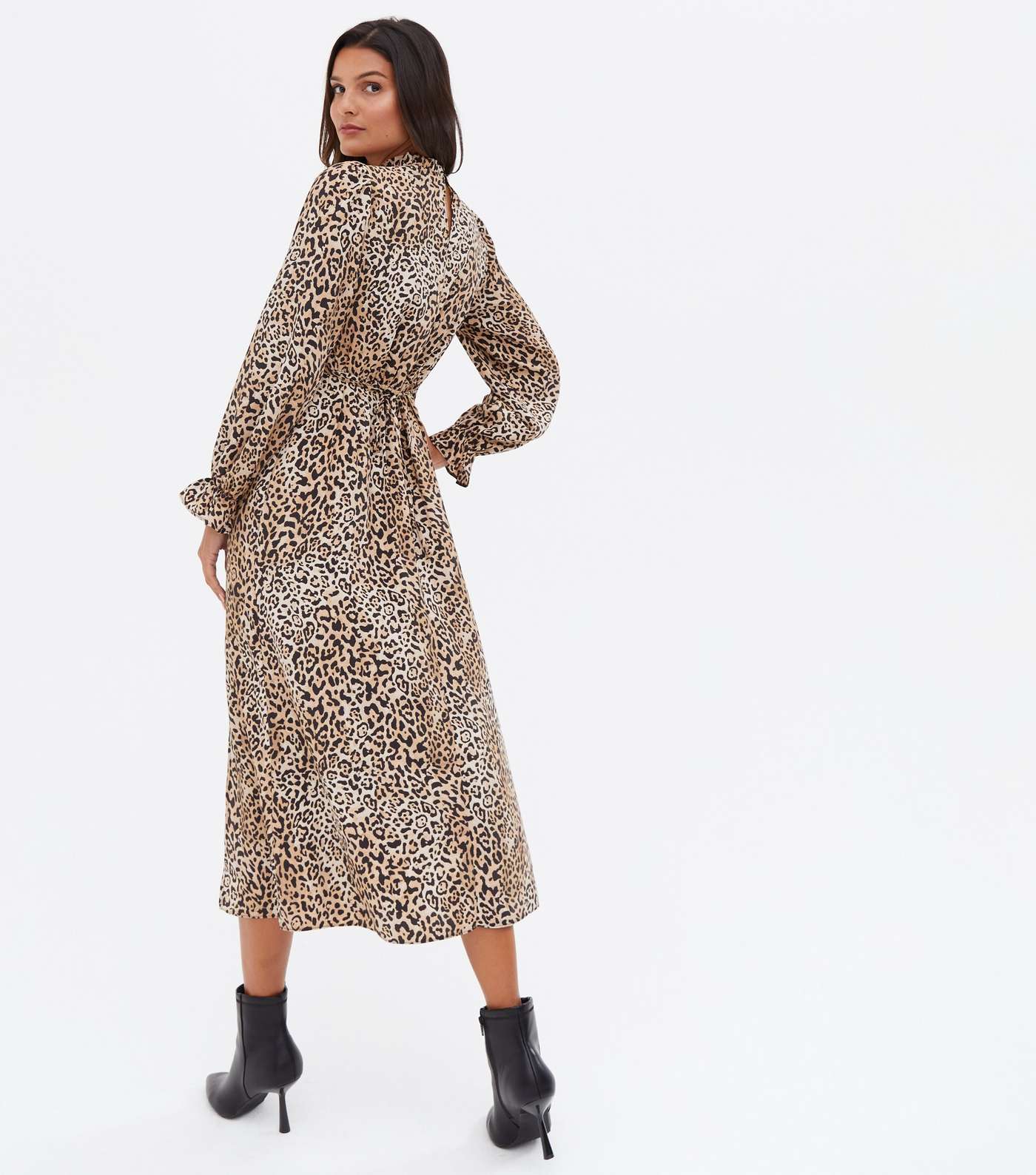 Brown Leopard Print High Neck Tie Back Midi Dress Image 4
