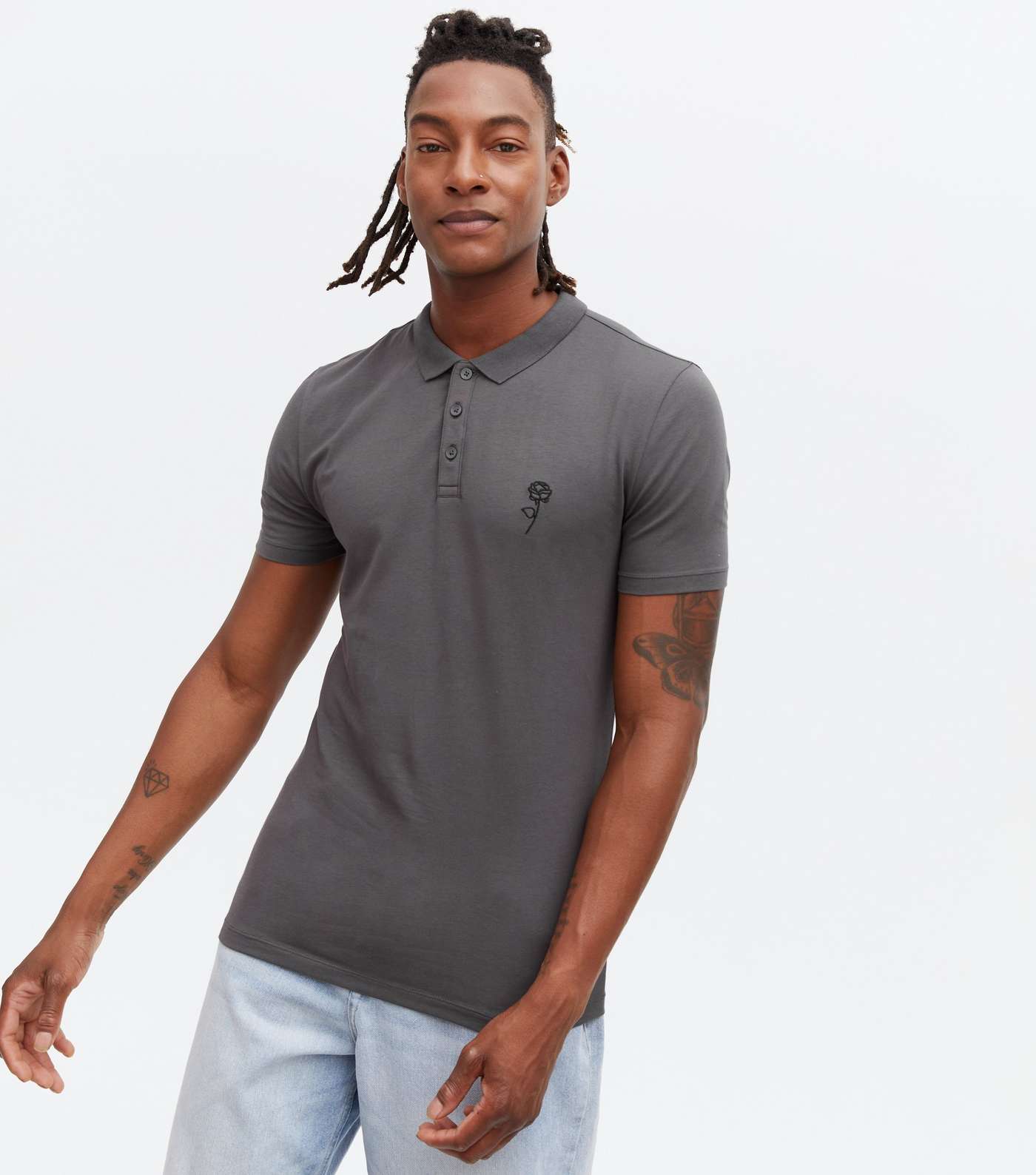Grey Rose Embroidered Muscle Fit Polo Shirt