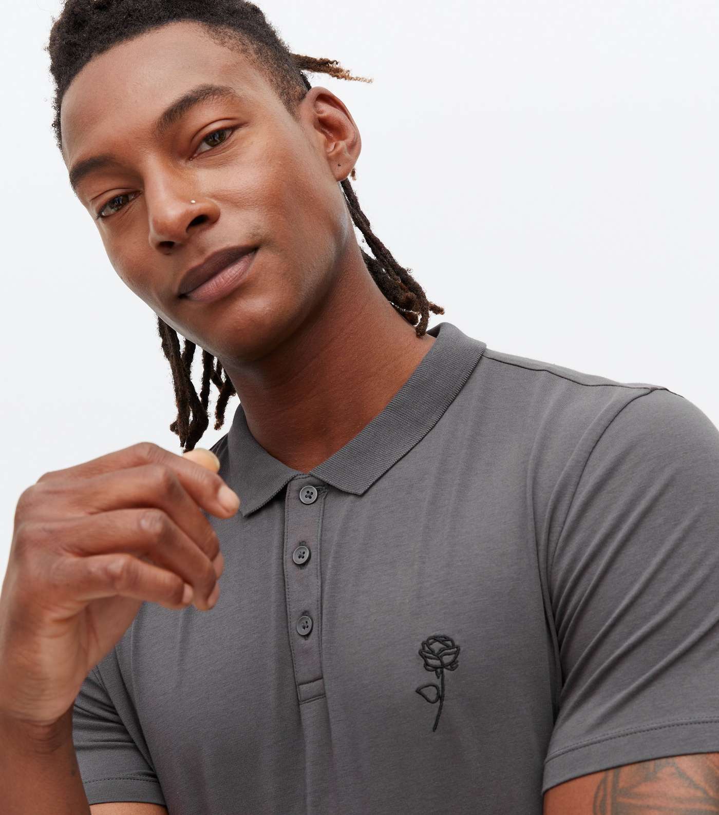 Grey Rose Embroidered Muscle Fit Polo Shirt Image 3