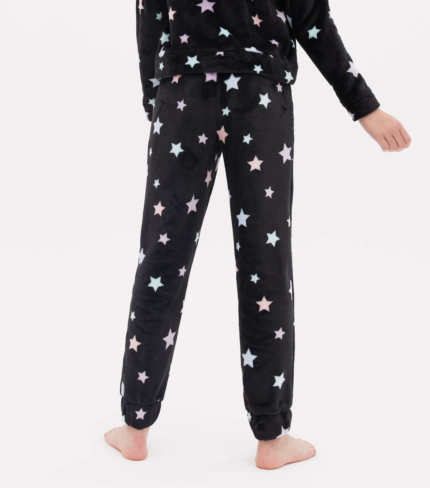 Girls Black Star Faux Fur Pyjama Joggers Image 4