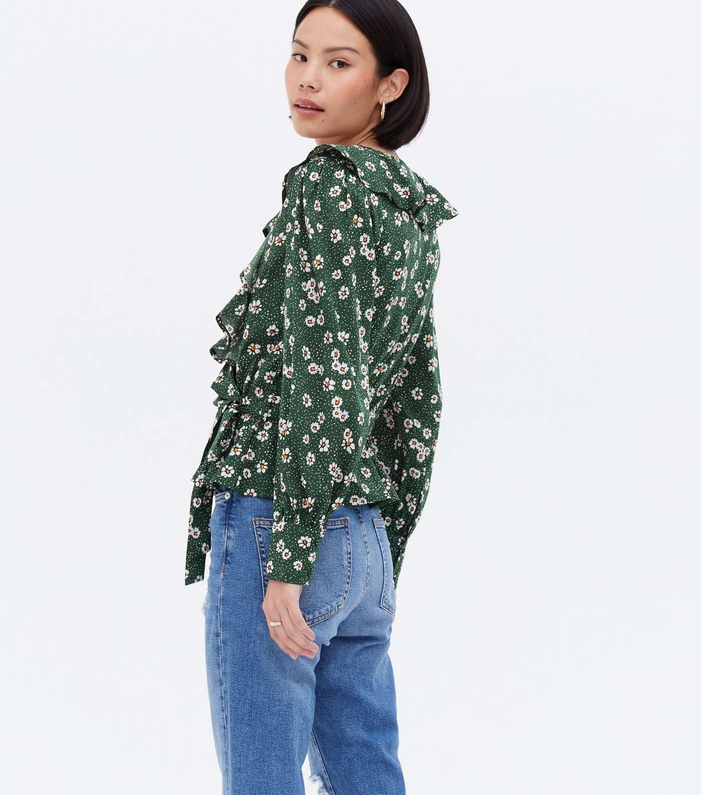 Green Ditsy Floral Frill Long Sleeve Wrap Blouse Image 4