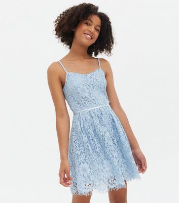 Girls Pale Blue Floral Lace Pleated Skater Dress