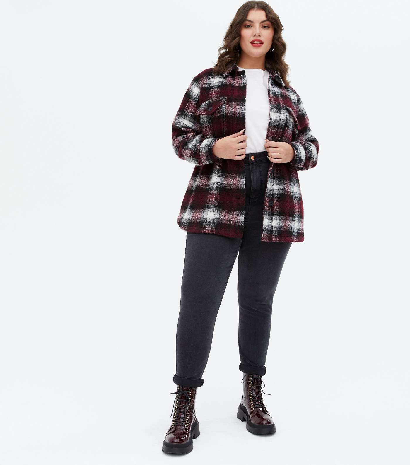 Curves Red Check Brushed Double Pocket Shacket Image 2