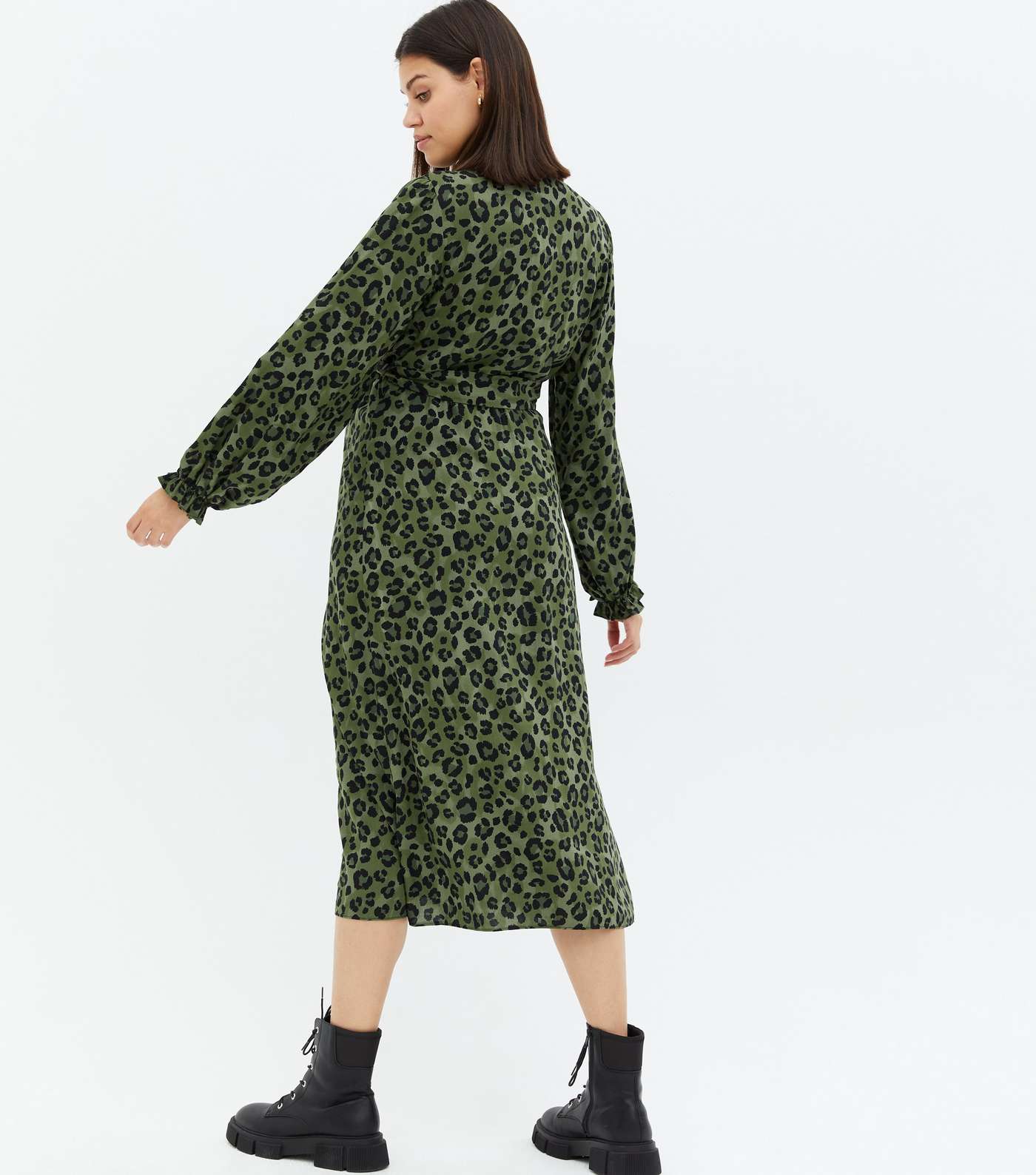 Maternity Green Leopard Print Belted Midi Shirt Dress Image 4