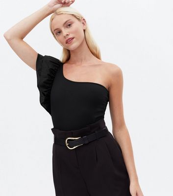 Black One Shoulder Ruffle Bodysuit New Look