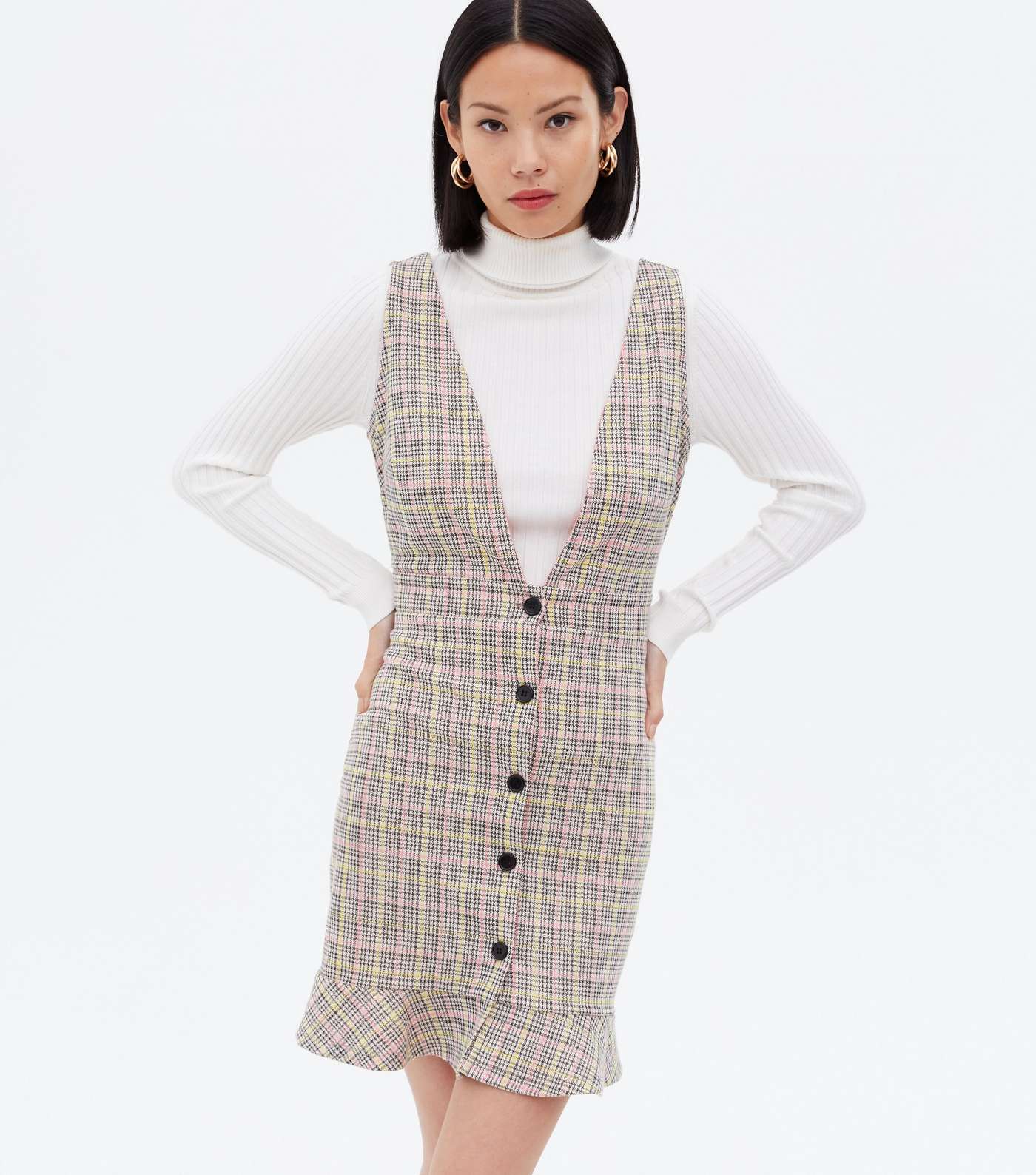 Brown Check V Neck Frill Button Front Pinafore Dress
