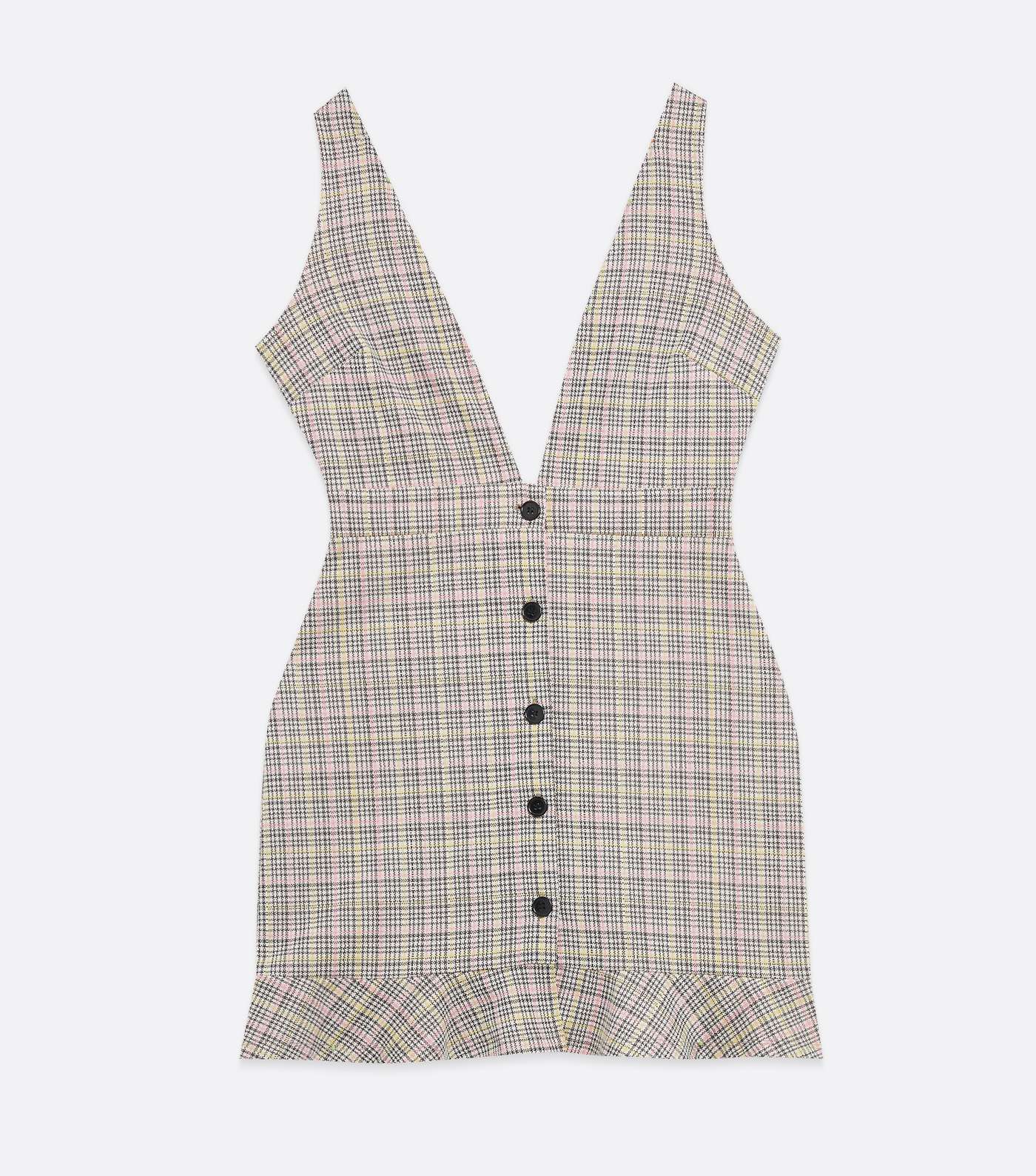 Brown Check V Neck Frill Button Front Pinafore Dress Image 5