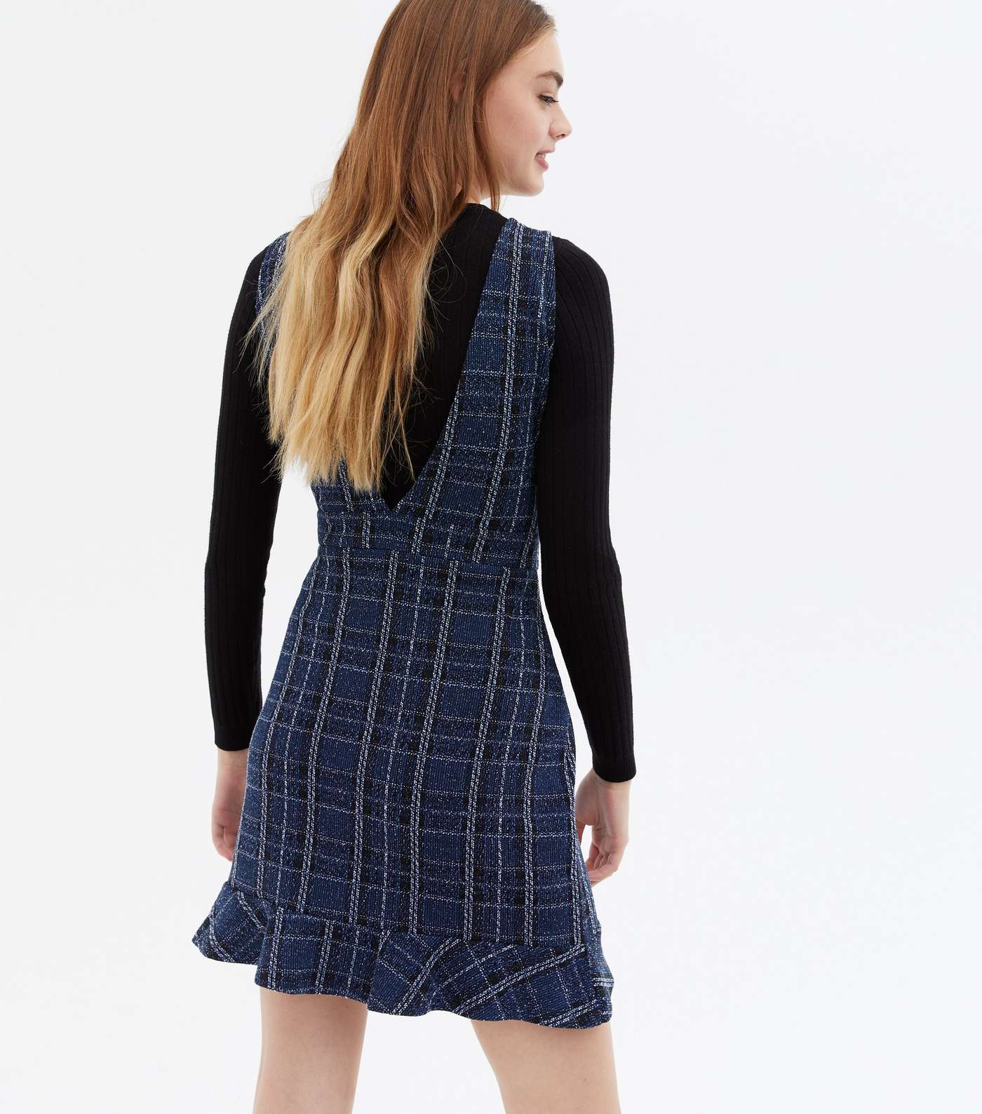 Blue Check V Neck Frill Button Front Pinafore Dress Image 4