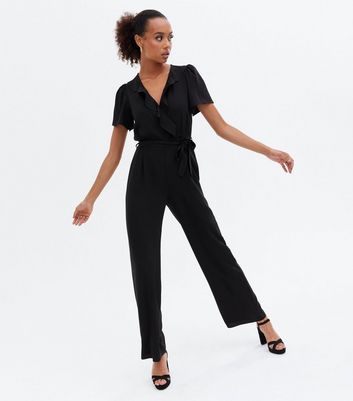 black wrap wide leg jumpsuit