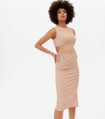 stone ribbed v neck midi jumper dress