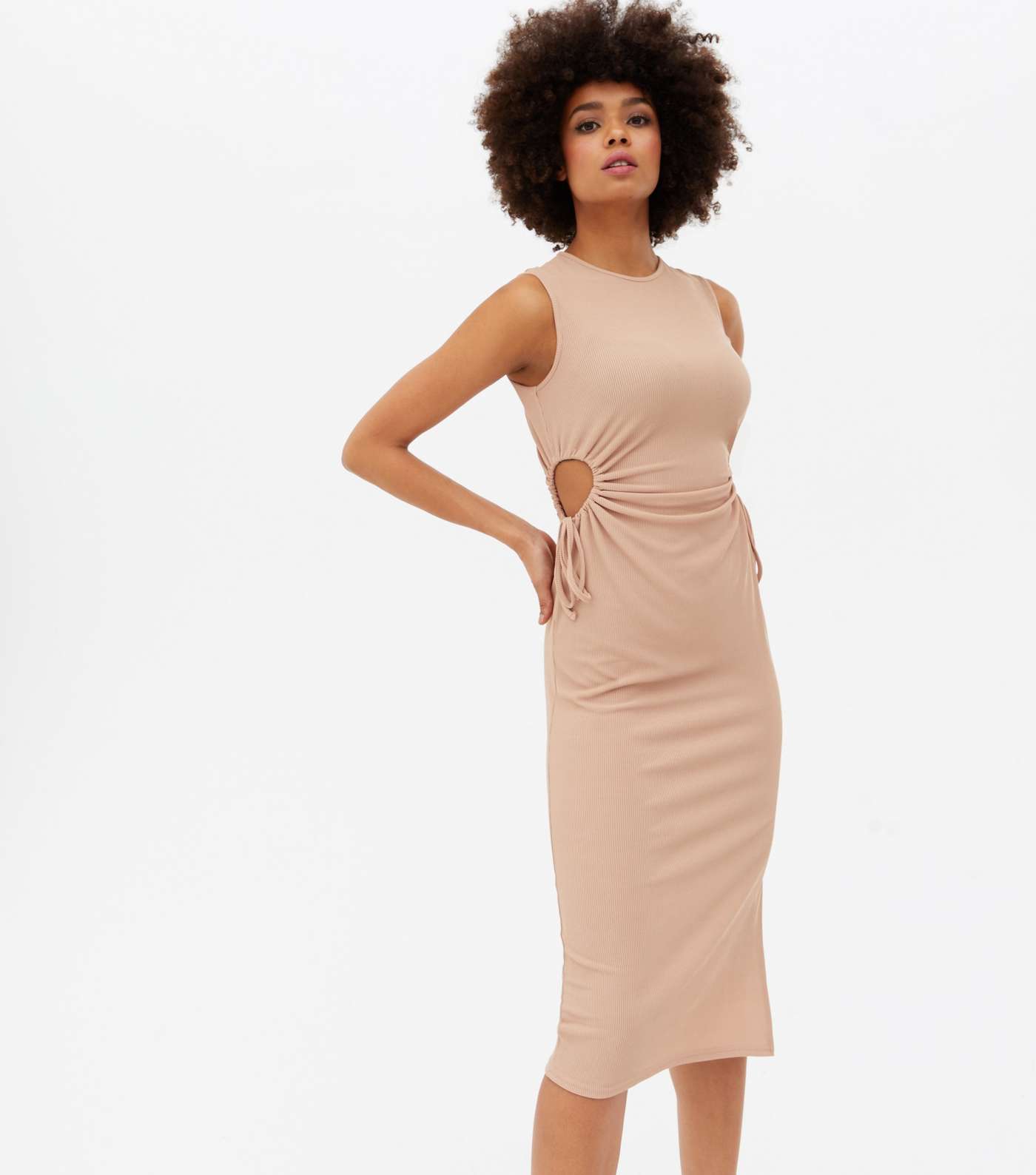 Stone Ribbed Cut Out Midi Bodycon Dress