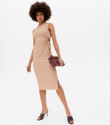 Stone Ribbed Cut Out Midi Bodycon Dress New Look