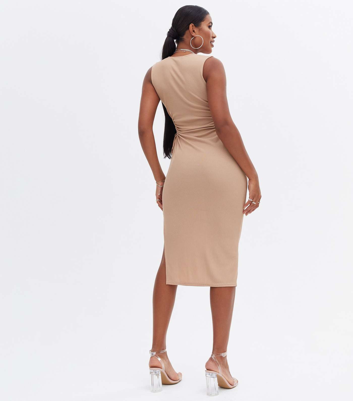 Camel Ribbed Cut Out Midi Bodycon Dress Image 4