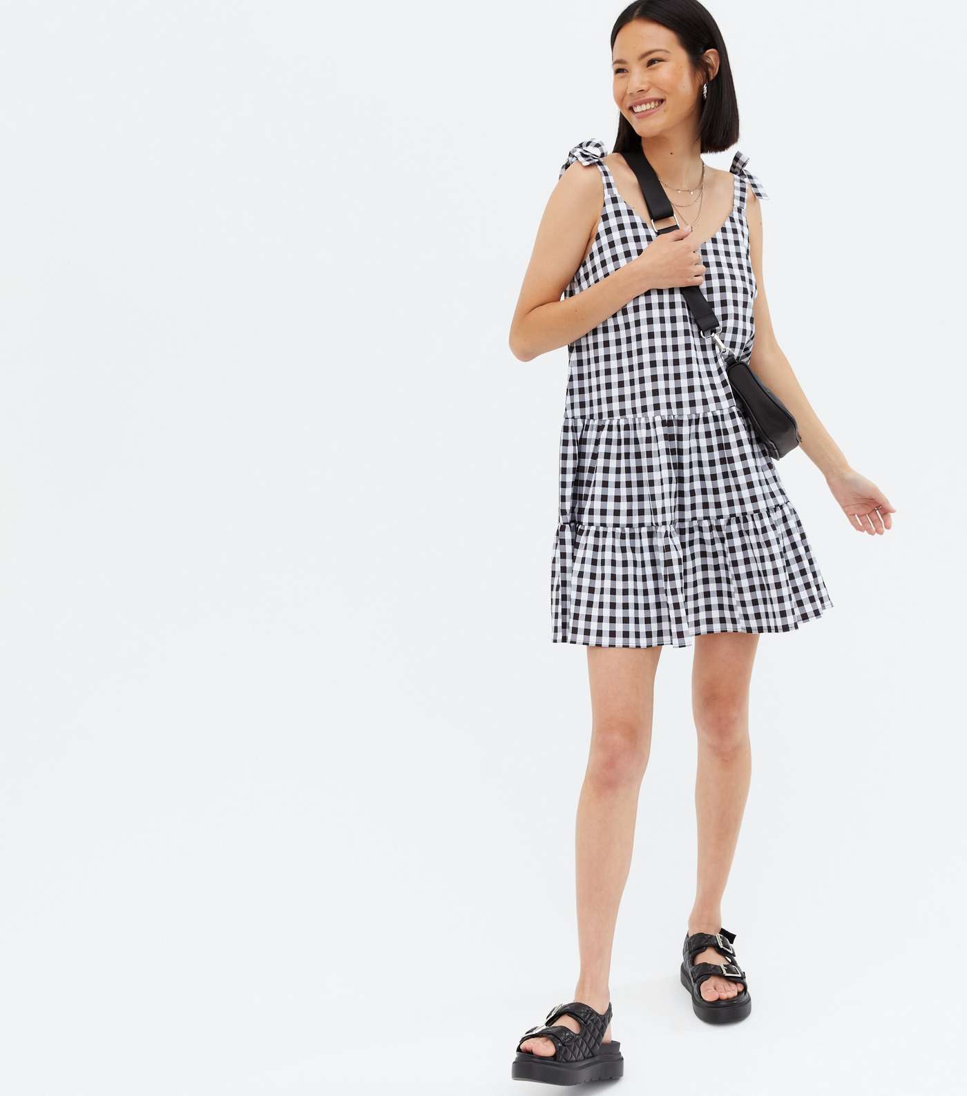 Cameo Rose Black Gingham Tie Strap Tiered Sundress