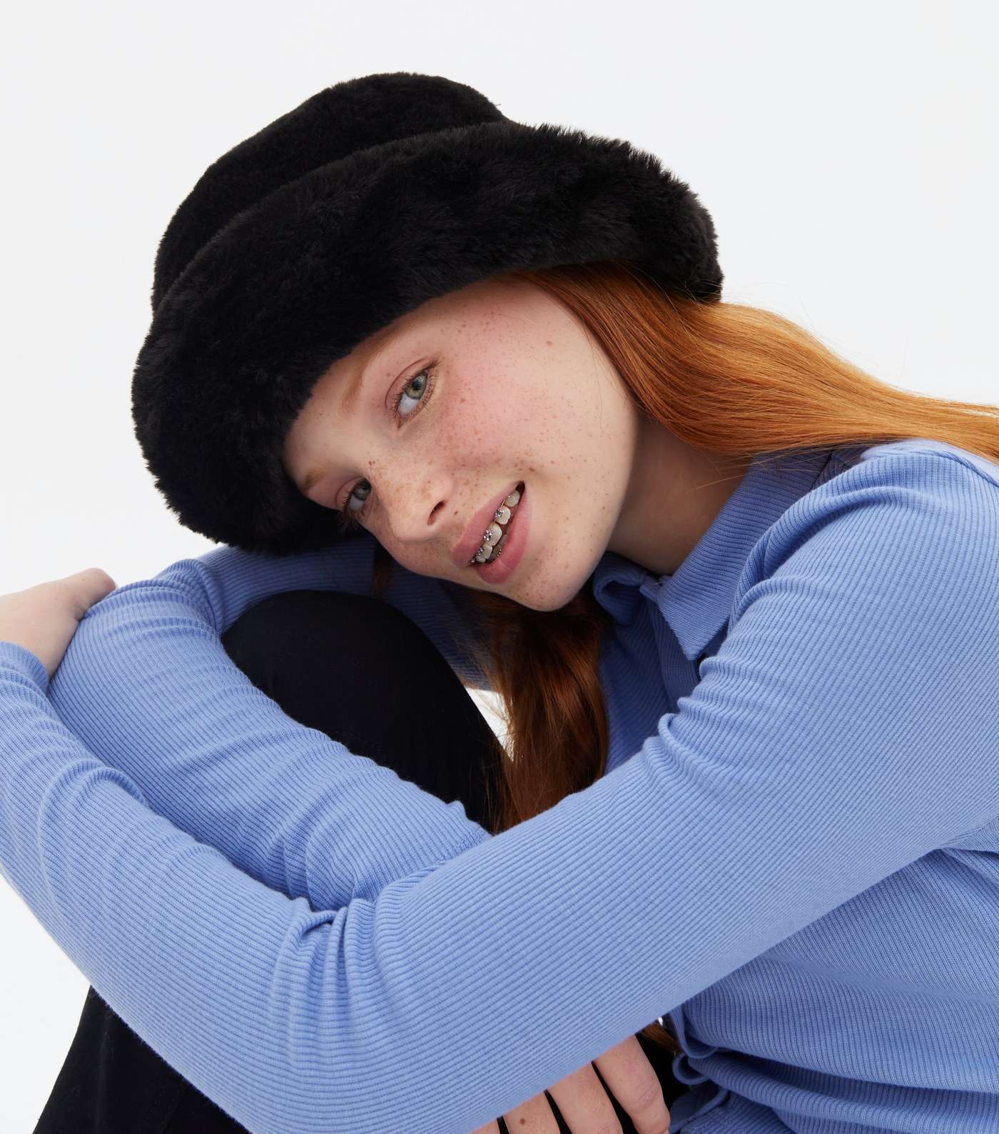 Girls Black Faux Fur Bucket Hat